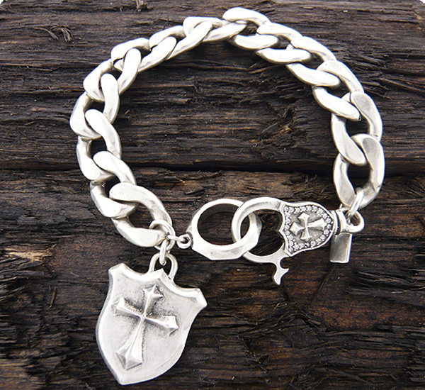Mens stainless steel wide chain bracelet - cross shield charm - 8 inch