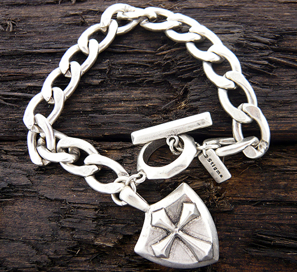 Mens stainless steel chain bracelet - cross shield charm - 8 inch