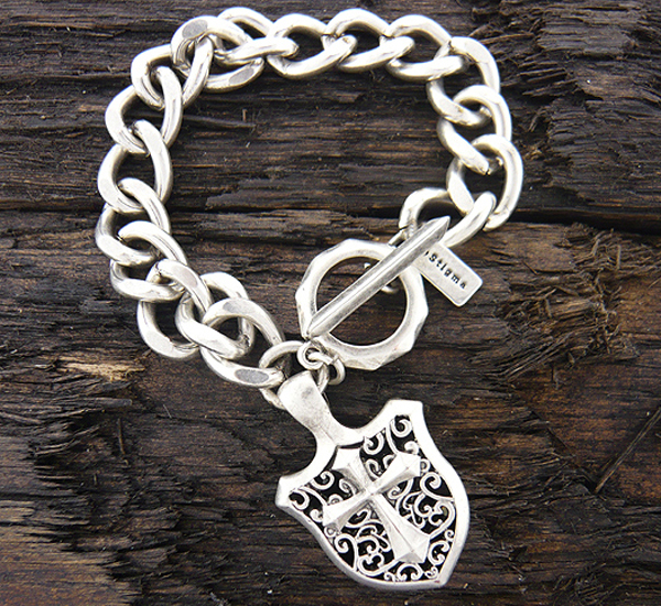 Mens stainless steel chain bracelet - cross shield charm - 8 inch