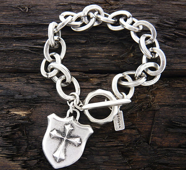 Mens stainless steel chain bracelet - cross shield charm - 9 inch