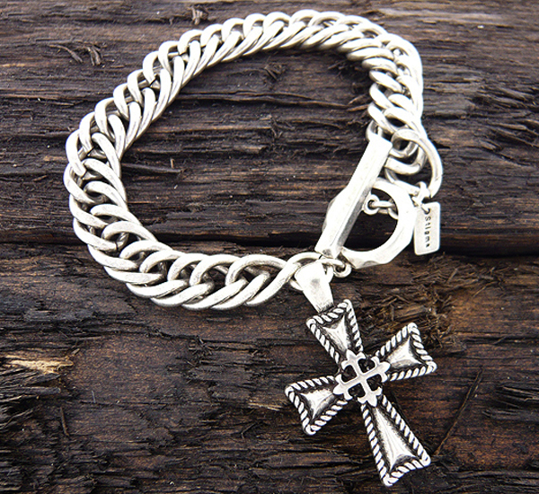 Mens stainless steel chain bracelet - cross charm - 8 inch