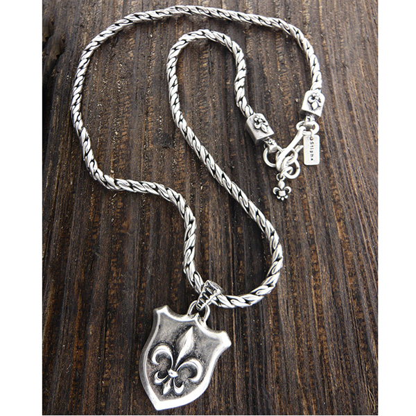 Mens stainless steel metal chain necklace - fleur de lis shield pendant