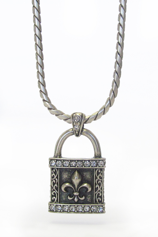 Mens stainless steel metal chain necklace - crystal lock pendant