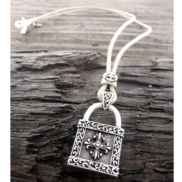 Mens stainless steel leather chain necklace - lock pendant