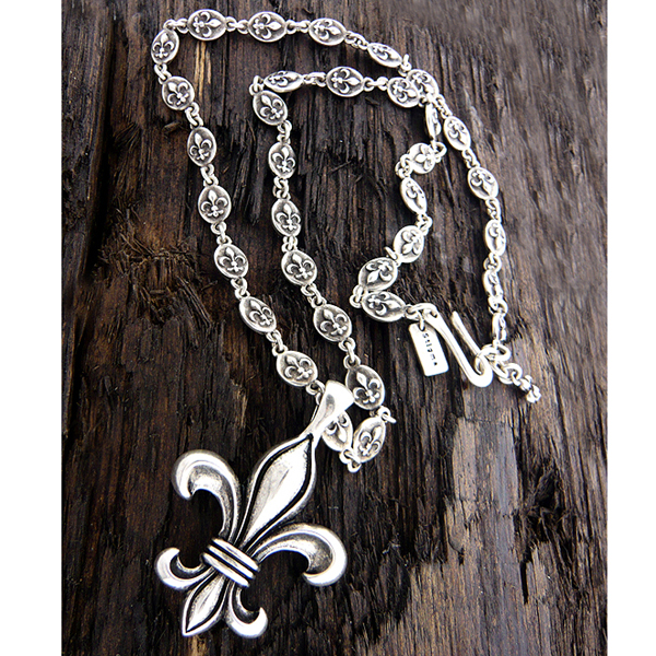 Mens stainless steel metal chain necklace - fleur de lis pendant