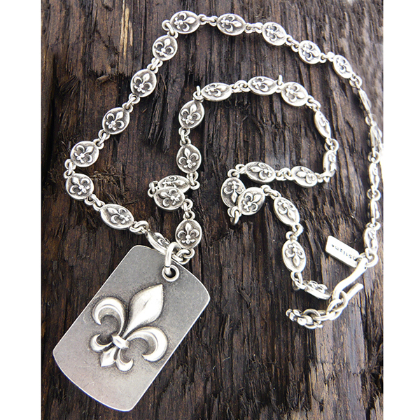 Mens stainless steel metal chain necklace - fleur de lis dogtag pendant