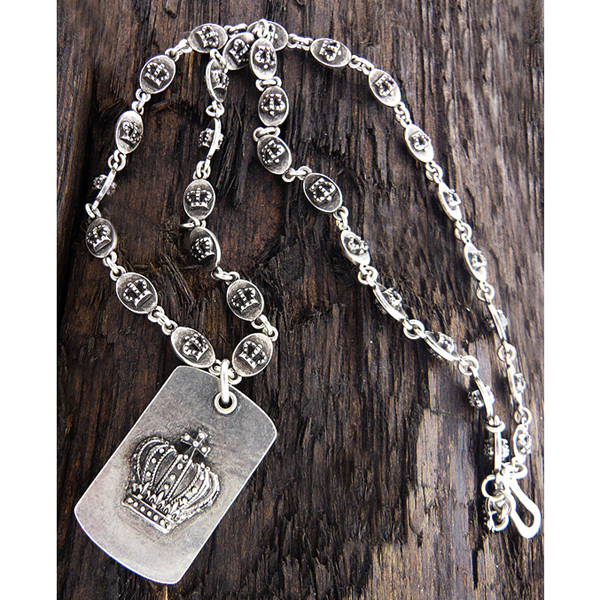 Mens stainless steel metal chain necklace - crown dogtag pendant