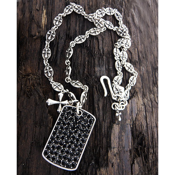 Mens stainless steel metal chain necklace - crystal dogtag and cross pendant