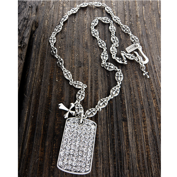 Mens stainless steel metal chain necklace - crystal dogtag and cross pendant