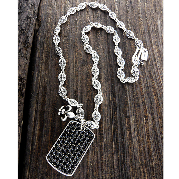 Mens stainless steel metal chain necklace - crystal dogtag and fleur de lis pendant