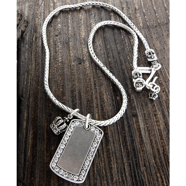 Mens stainless steel metal chain necklace - crystal dogtag and crown pendant
