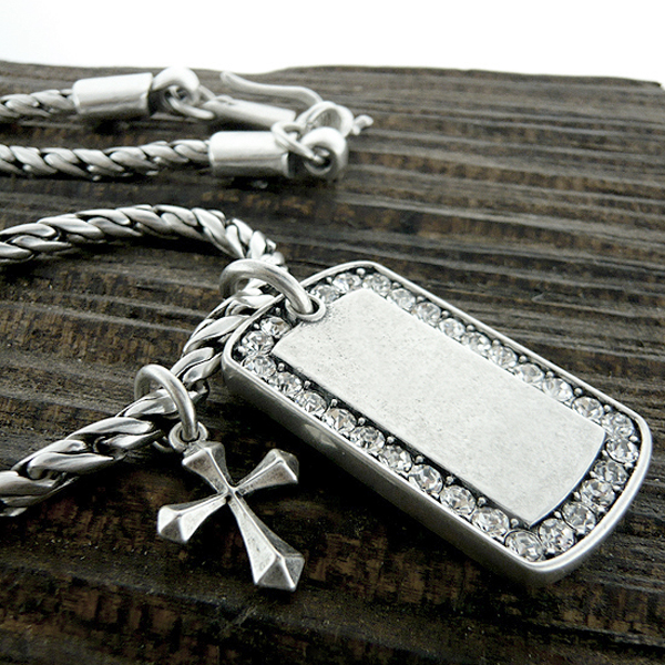 Mens stainless steel metal chain necklace - crystal dogtag and cross pendant