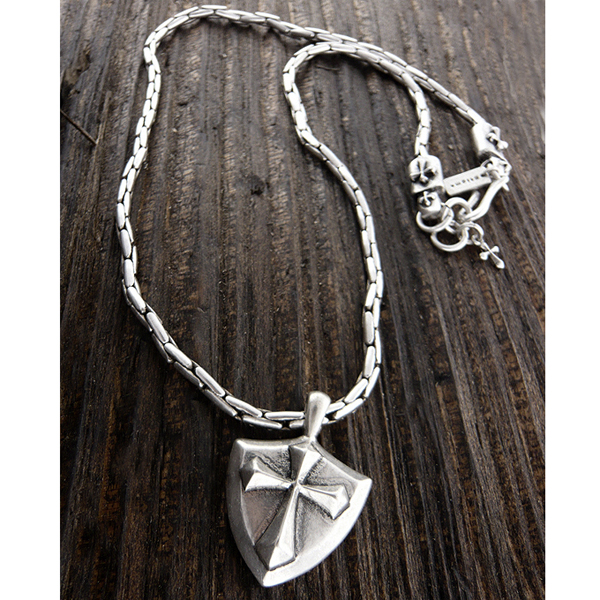 Mens stainless steel metal chain necklace - cross shield pendant