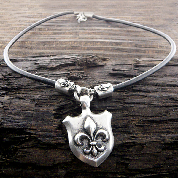 Mens stainless steel leather chain necklace - crown shield pendant