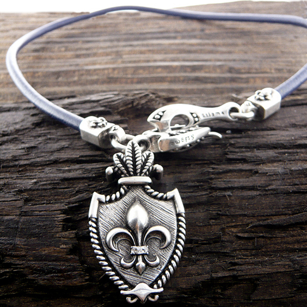 Mens stainless steel leather chain necklace - fleur de lis shield pendant