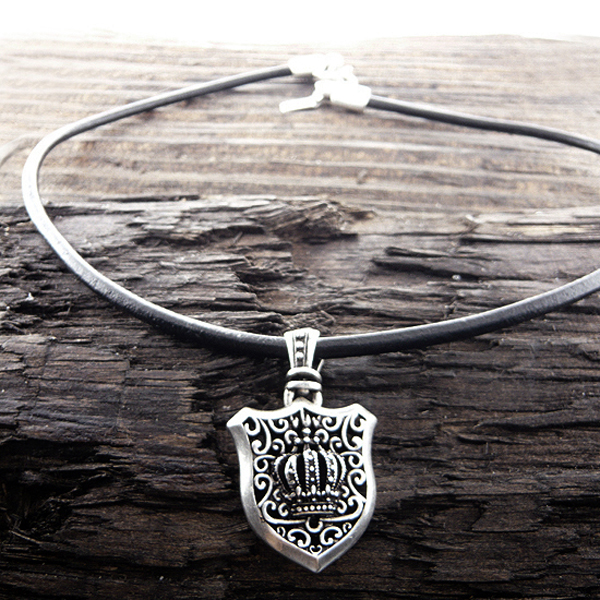 Mens stainless steel leather chain necklace - crown shield pendant