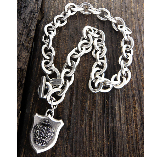 Mens stainless steel metal chain necklace - crown shield pendant