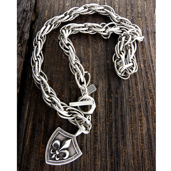 Mens stainless steel metal chain necklace - fleur de lis shield pendant
