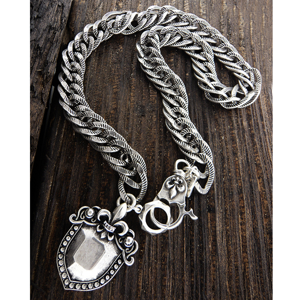 Mens stainless steel metal chain necklace - fleur de lis shield pendant