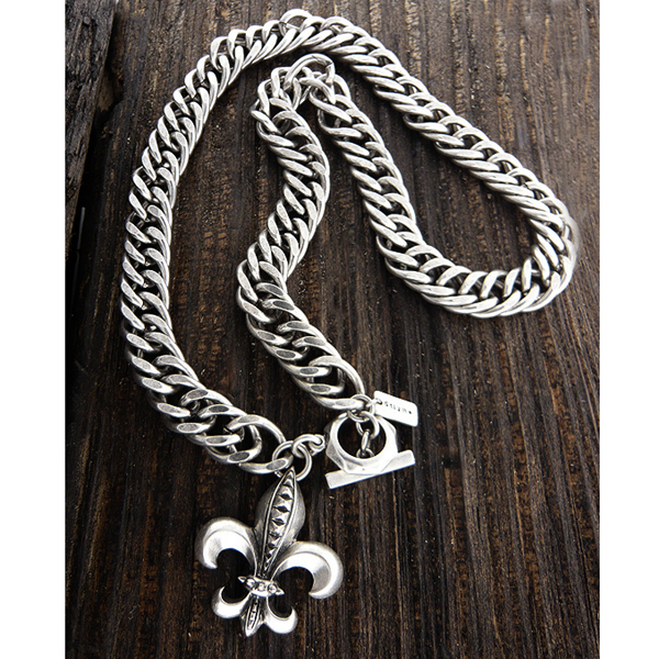 Mens stainless steel metal chain necklace - fleur de lis pendant