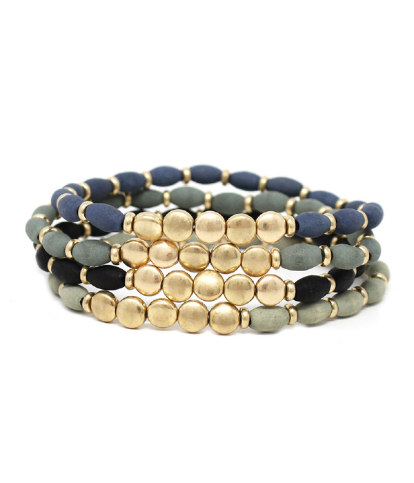 4 layer semi precious stone and metal button stretch bracelet