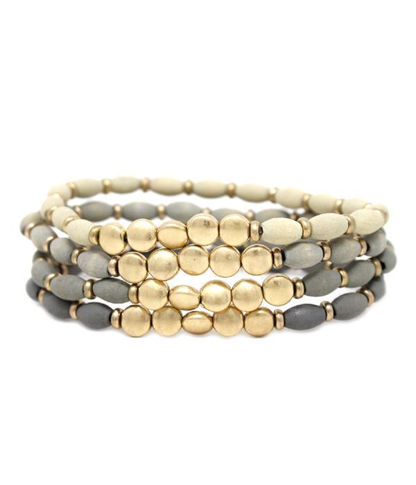 4 LAYER SEMI PRECIOUS STONE AND METAL BUTTON STRETCH BRACELET