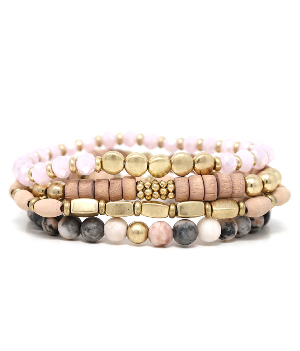 4 LAYER SEMI PRECIOUS STONE AND METAL BEADS STRETCH BRACELET