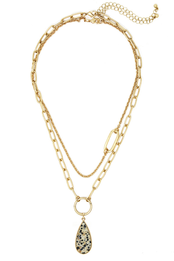 Semi precious teardrop stone and double chain necklace(2 pc)