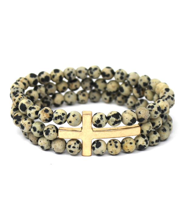 TRIPLE LAYER SEMI PRECIOUS STONE STRETCH BRACELET - CROSS