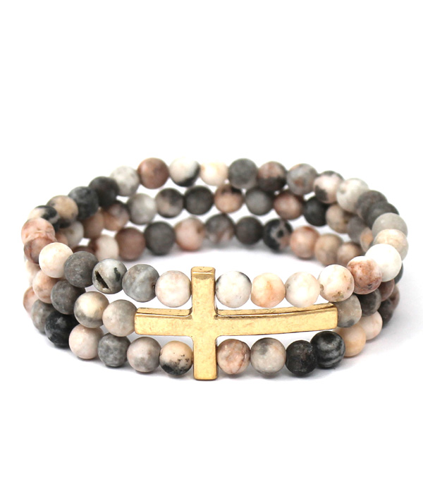 TRIPLE LAYER SEMI PRECIOUS STONE STRETCH BRACELET - CROSS
