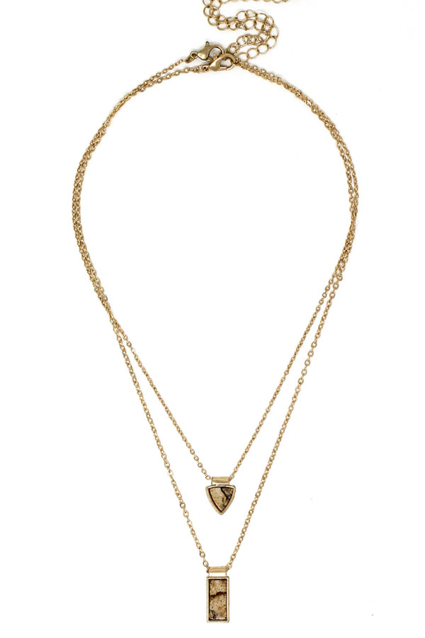Double layer semi precious stone pendant double chain necklace (2pc)