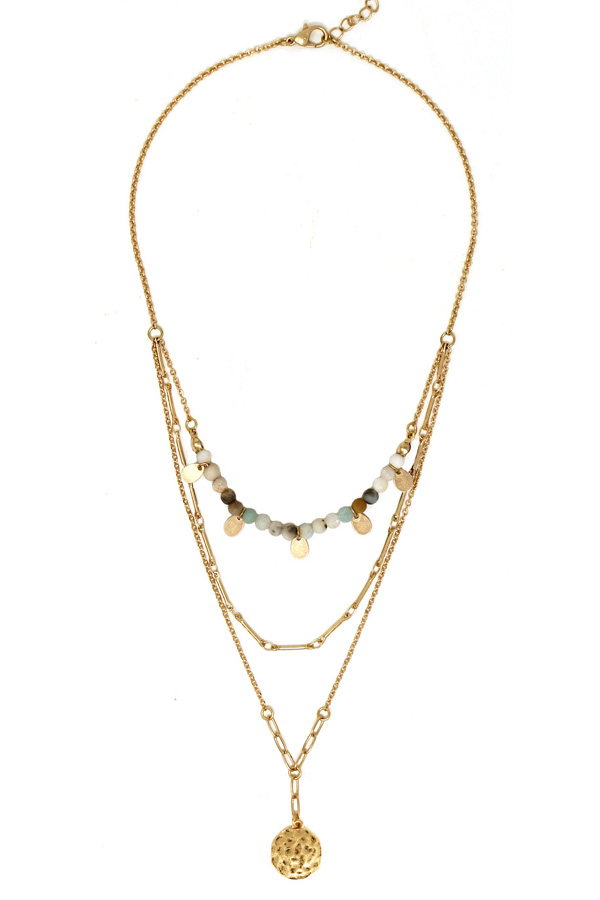 TRIPLE LAYER SEMI PRECIOUS STONE PENDANT CHAIN NECKLACE