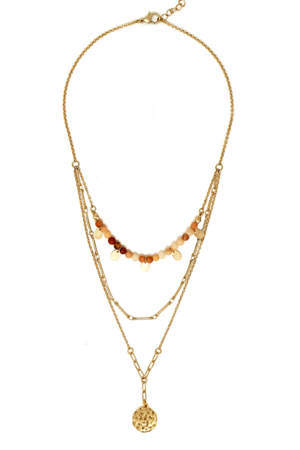 Triple layer semi precious stone pendant chain necklace