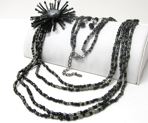 Multi bead chain and flower accent long necklace earring set