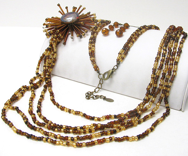 Multi bead chain and flower accent long necklace earring set