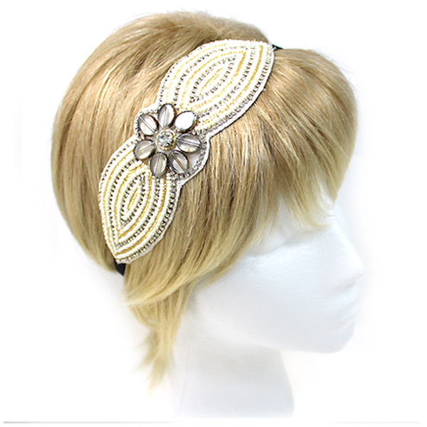 Handmade multi bead on fabric flower and ribbon stretch headband
