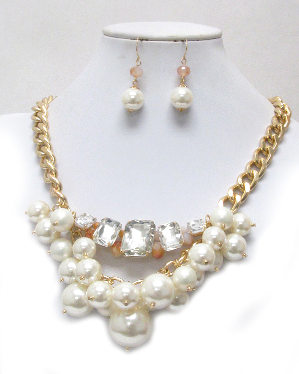 MULTI PEARL AND STONE DANGLE CHAIN NECKLACE EARRING SET