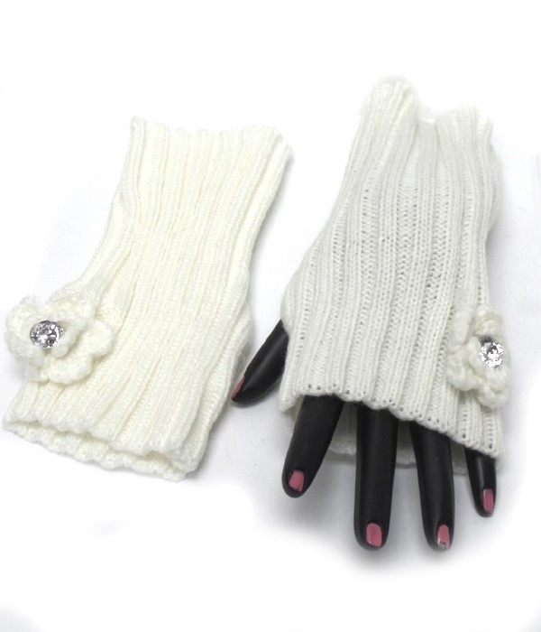 Flower knit open fingertip glove