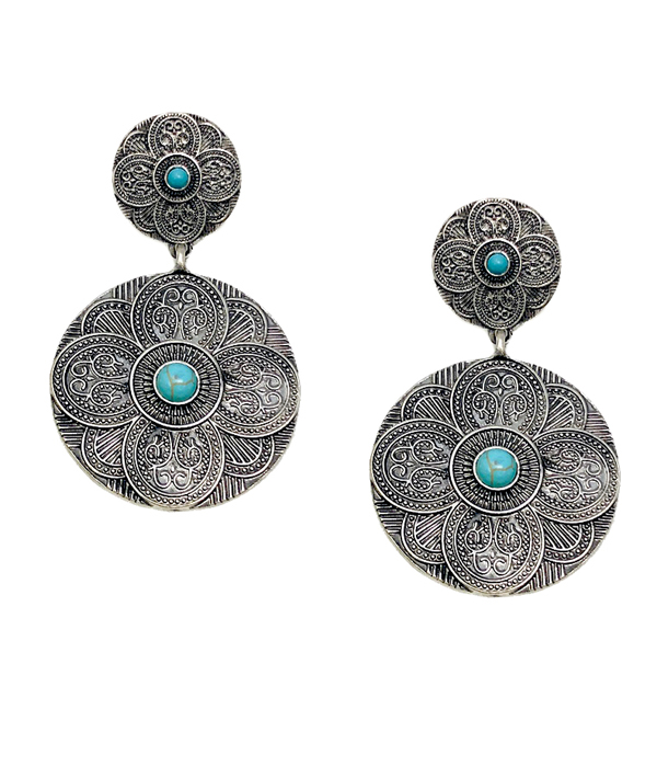 WESTERN STYLE TURQUOISE STONE AND TEXTURED METAL EARRING