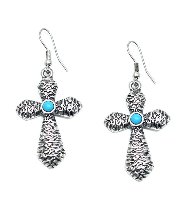 WESTERN STYLE TURQUOISE STONE CROSS EARRING