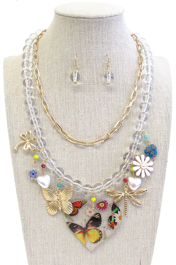 CHUNKY BUTTERFLY AND FLOWER CHARM DANGLE MULTI LAYER NECKLACE