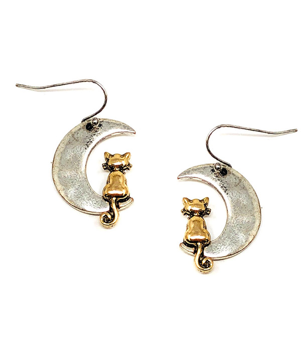 Rustic finish cat and moon earring