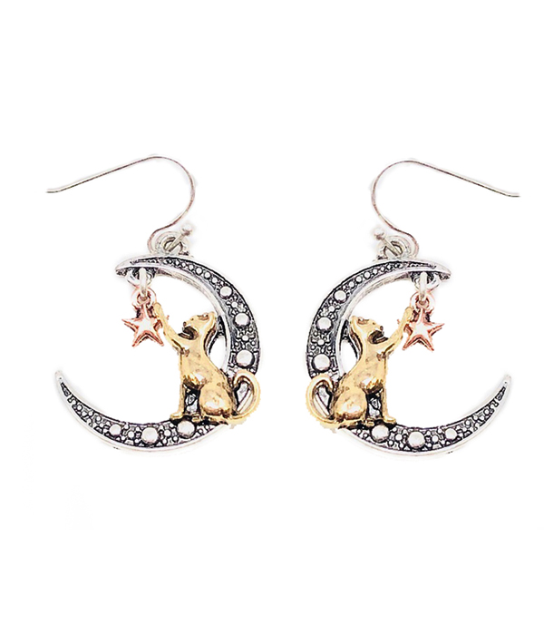 Rustic finish cat and moon earring