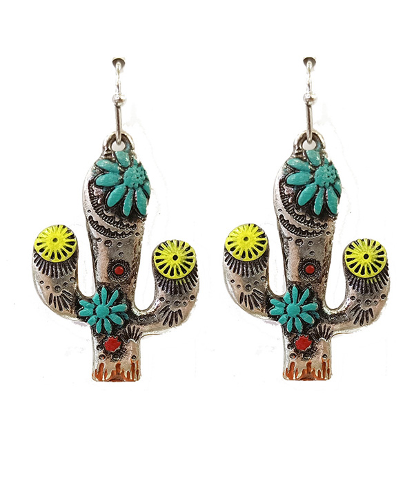 Western style colored metal cactus earring