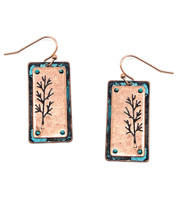 RUSTIC FINISH  DOUBLE METAL EARRING - TREE