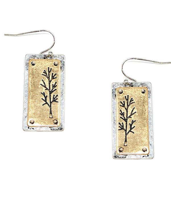 RUSTIC FINISH  DOUBLE METAL EARRING - TREE