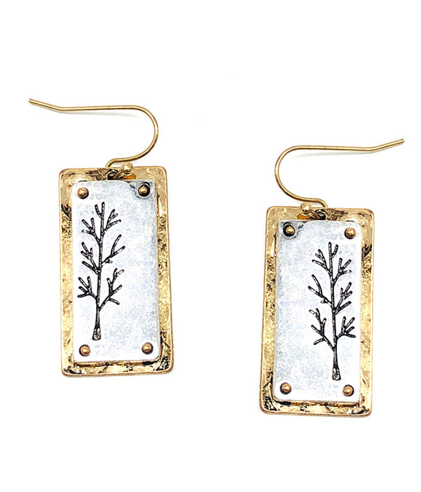 RUSTIC FINISH  DOUBLE METAL EARRING - TREE