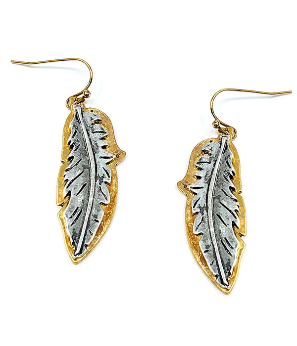 RUSTIC FINISH  DOUBLE METAL EARRING - FEATHER