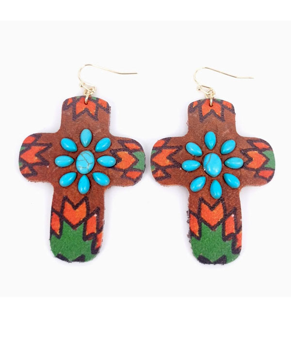 WESTERN STYLE TURQUOISE AND COLORED CROSS EARRING