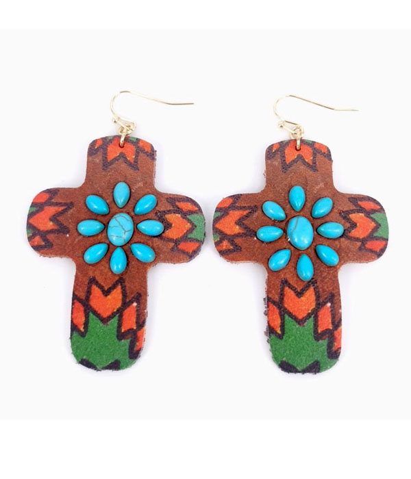 Western style turquoise and colored cross earring